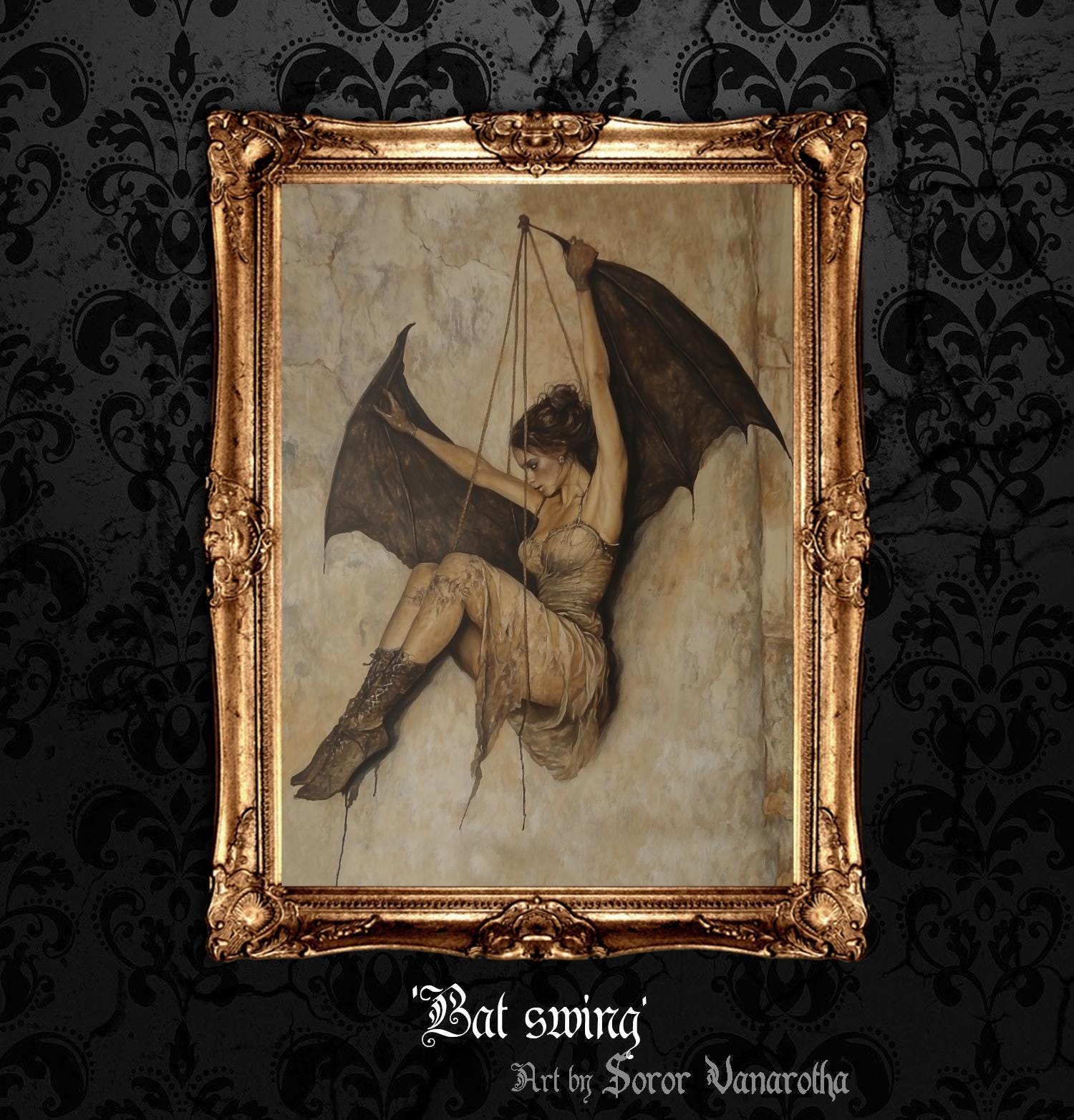 Bat Swing Art Print or Canvas - Whimsical Batwoman on a Swing, Dark Fantasy Gothic Decor, Unique Wall Art for Halloween Lovers #SV7
