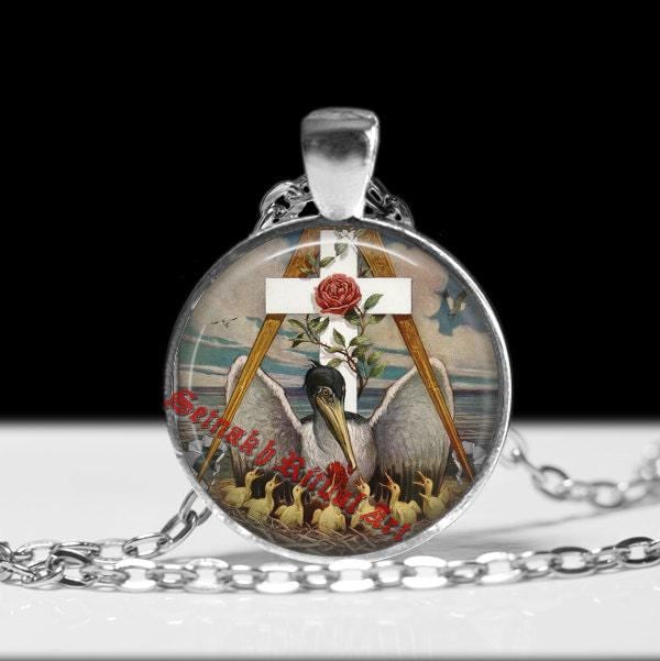 Rosicrucian pelican pendant, rose and cross jewelry, rosicrucian necklace, esoteric jewelry, occult pendant #197