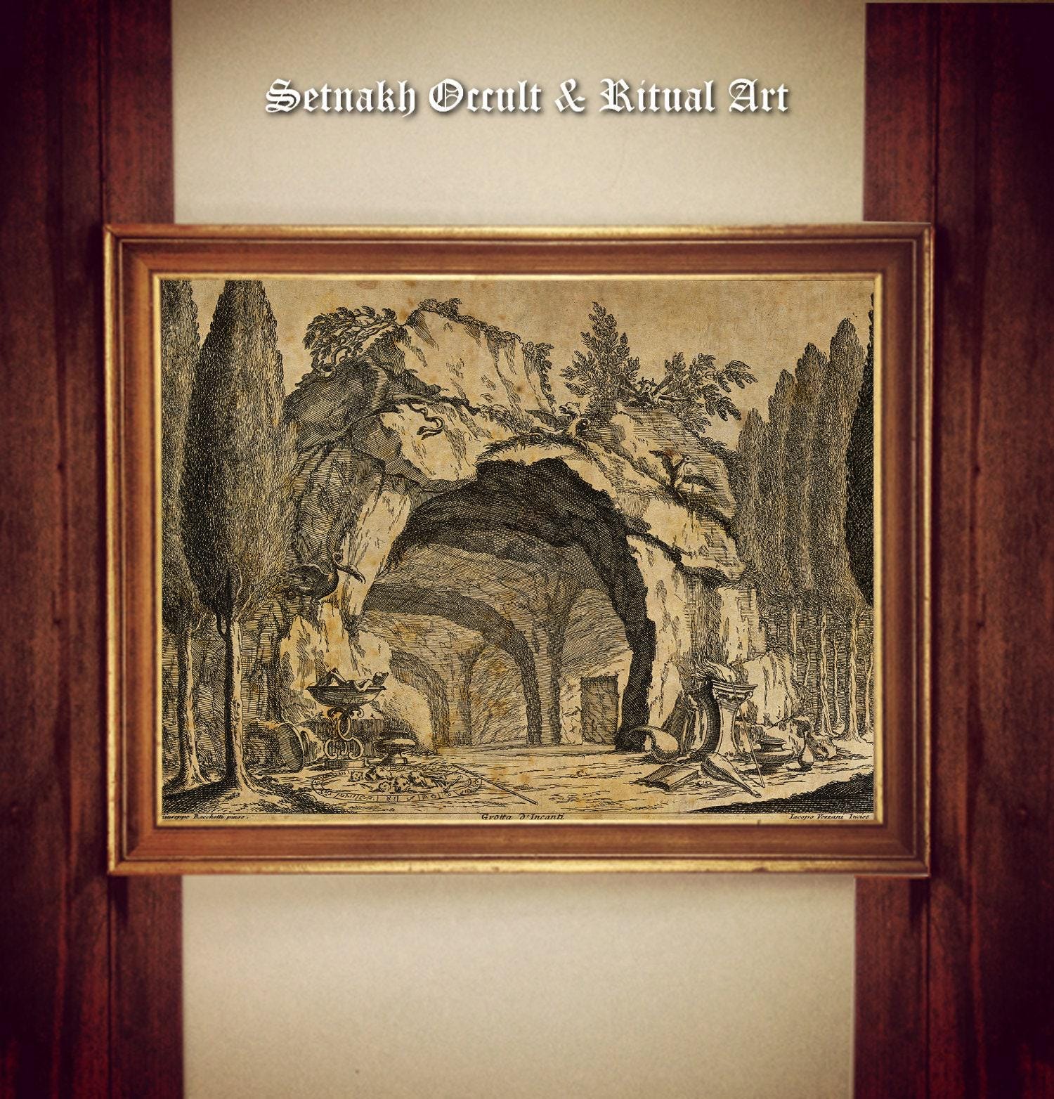 A grotto containing a magic circle, books and mythical creatures, witchcraft print, dark art, occult poster, gothic, pagan home decor #W57