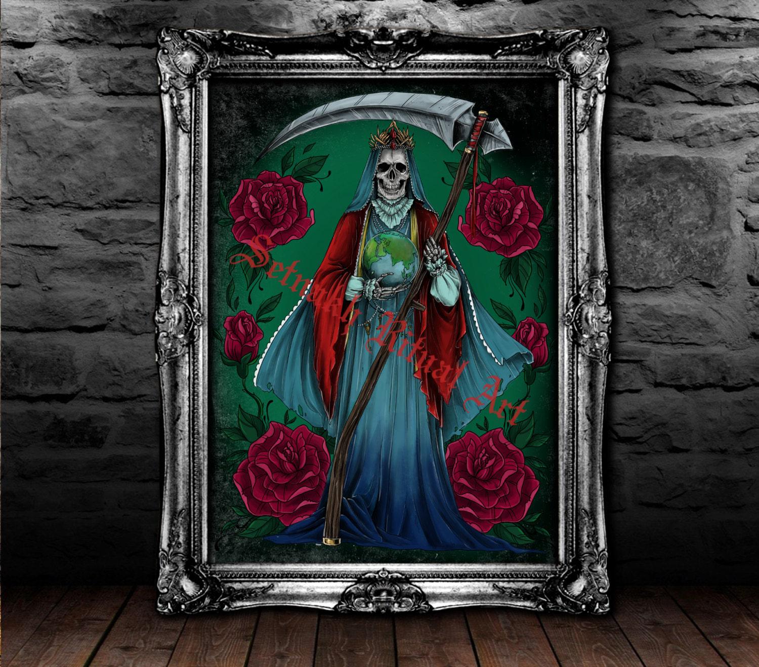 THE REAPER - Santa Muerte print, Saint Death antiqued poster, Occult altar decor, Voodoo print, magic poster, gothic art #435.1