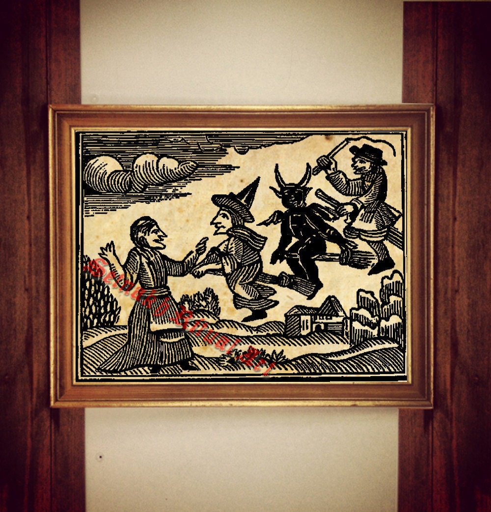 Witches print, witchcraft illustration, medieval devil poster, occult wall decor, rustic home, demons, beast #327