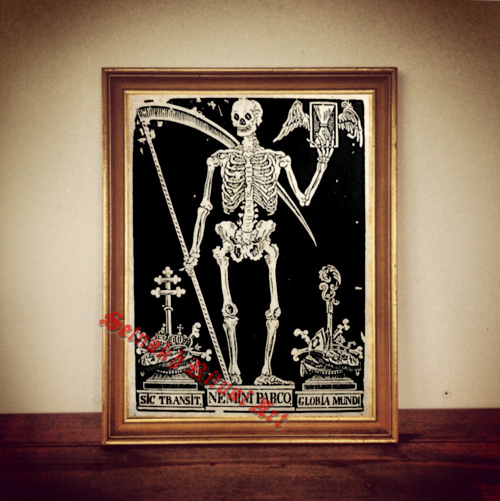 Death Reaper print, danse macabre art, occult skeleton poster, vintage, halloween home decor, skeleton and scythe #108