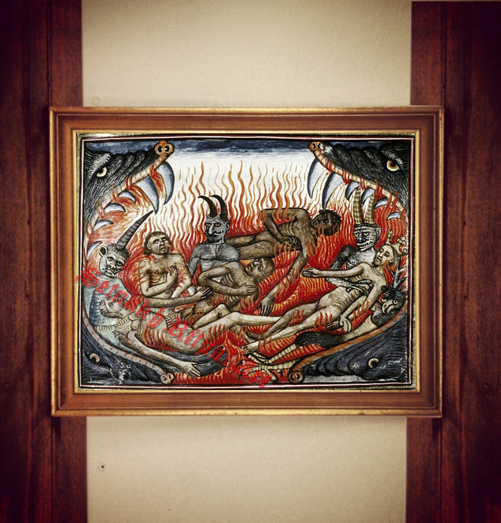 Hell print, devil illustration, demon poster, witchcraft, sorcery, apprentice of Satan occult home decor, medieval painting, magick #307