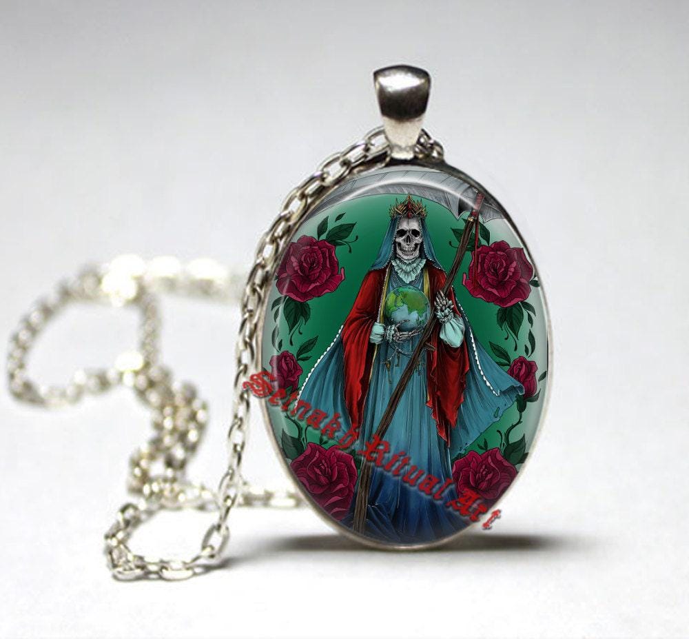 Santa Muerte necklace, Death Reaper, Voodoo amulet, Day of the Dead occult medallion, ritual jewelry, Saint Death, skull art, morte #435.1