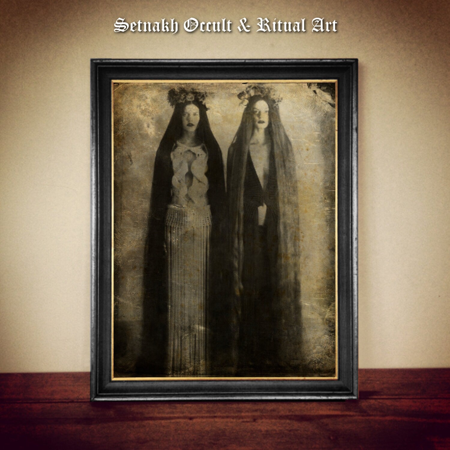 Two long-haired witches print, sisters – vintage daguerreotype photo, Old photography, dark art, esoteric home decor, witchcraft #VIC13