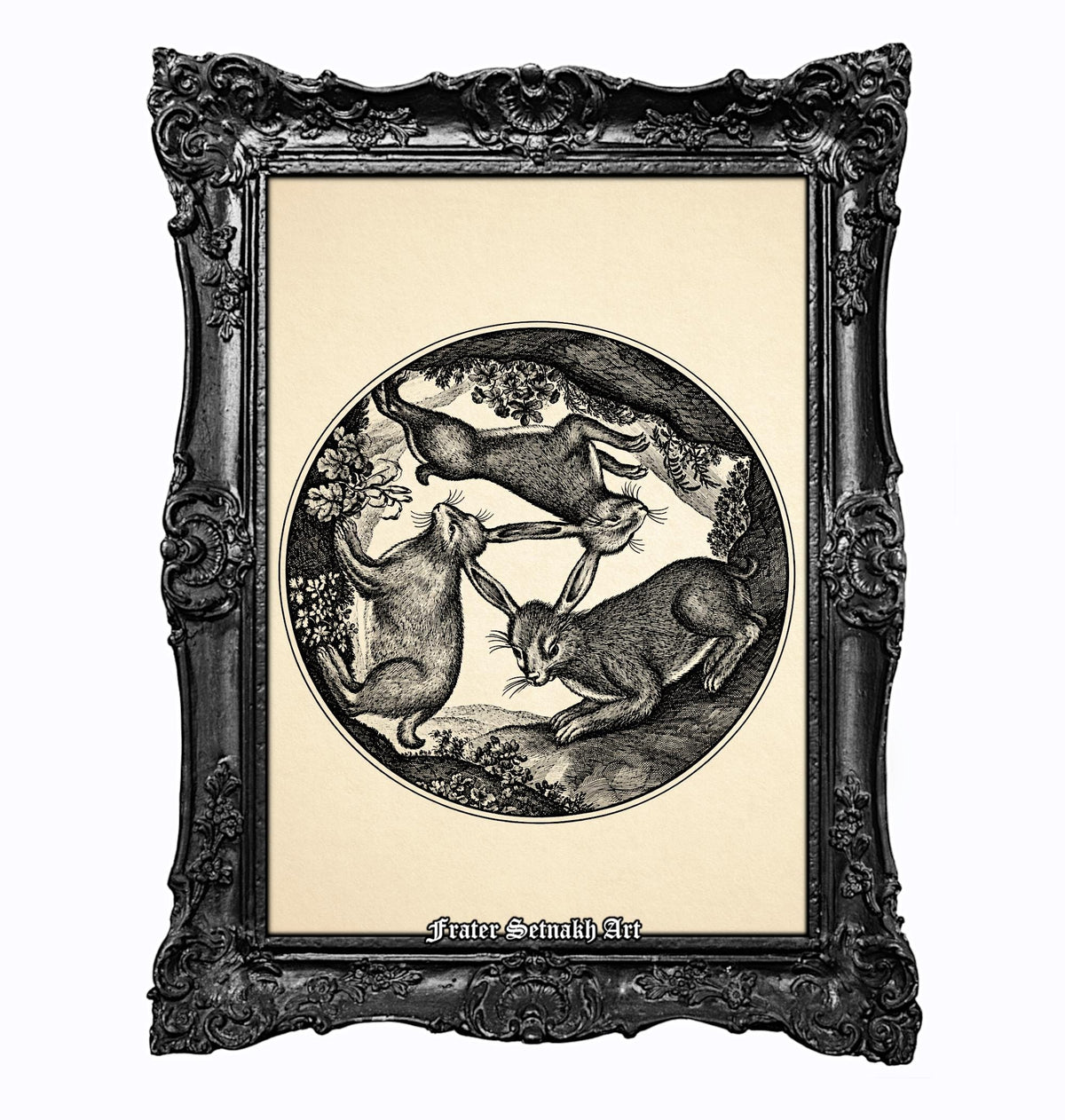 The image is a framed illustration depicting three rabbits in a circular arrangement, with one rabbit on the left side, one in the center, and one on the right side.