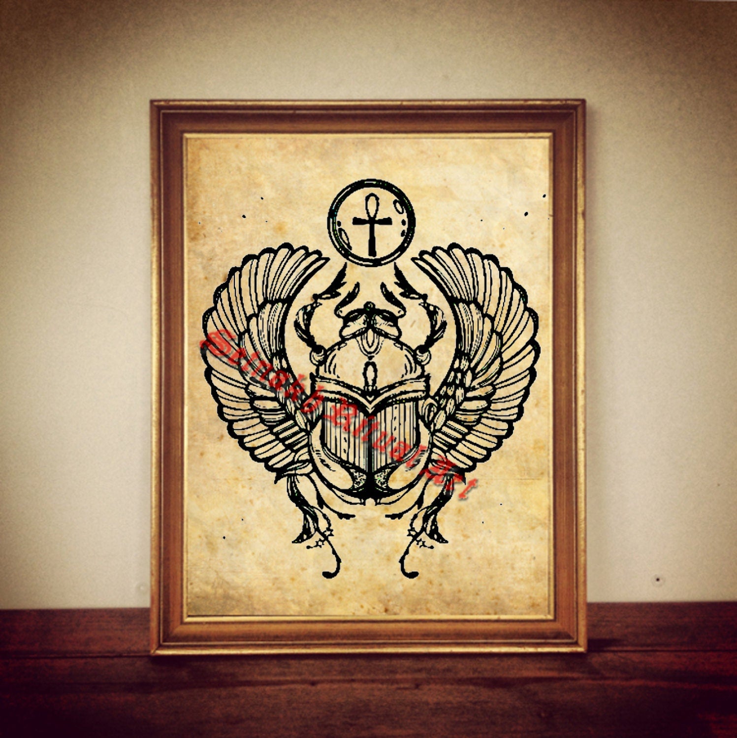 Sacred Scarab Print – Ancient Egyptian Beetle with Ankh and Solar Symbol Illustration, Mystical Occult Poster, Antique Rustic Vintage Wall Art, Esoteric Altar Decor #159