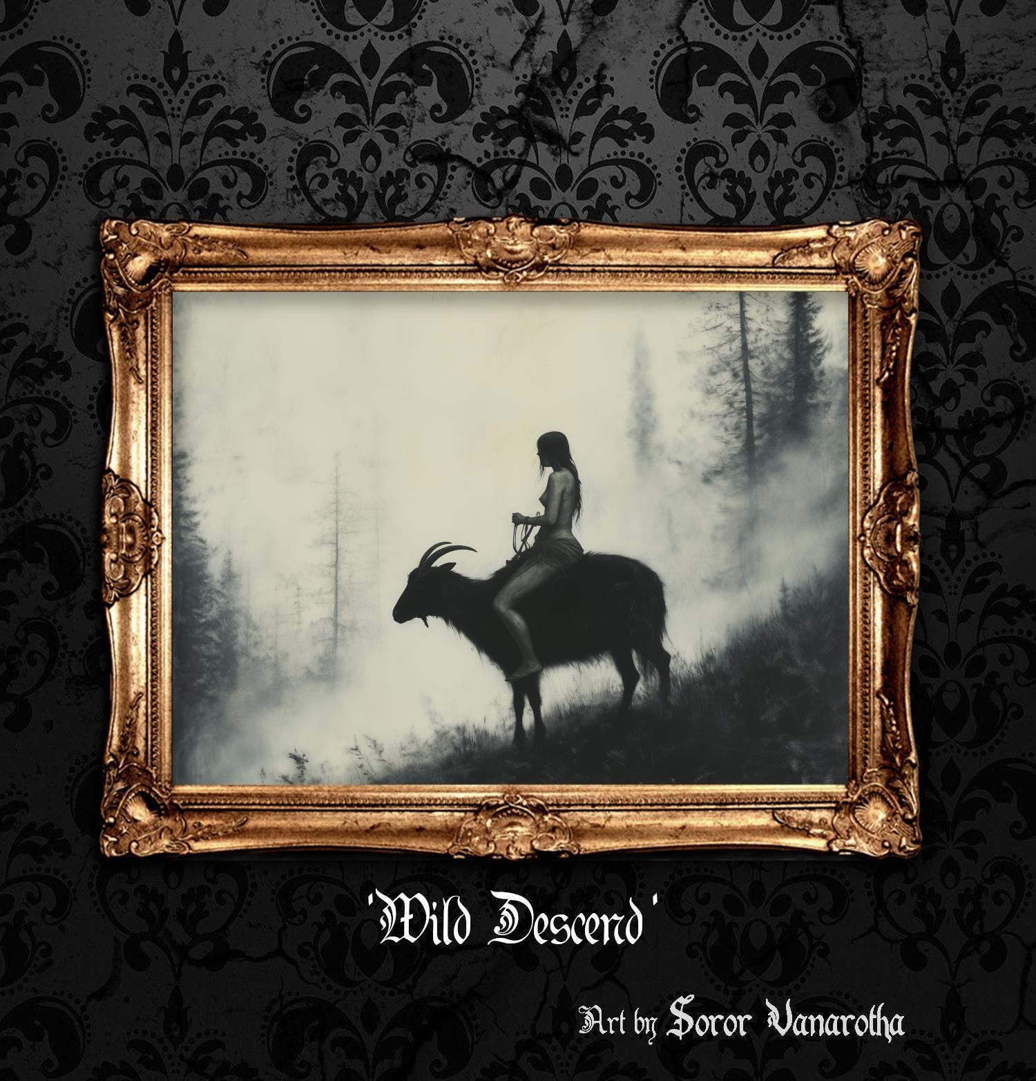 Wild Descend Art Print - Witch Riding Black Goat in Mountains, Dark Fantasy Wall Art, Surreal Gothic Decor, Fine Art Print, witchcraft #SV13