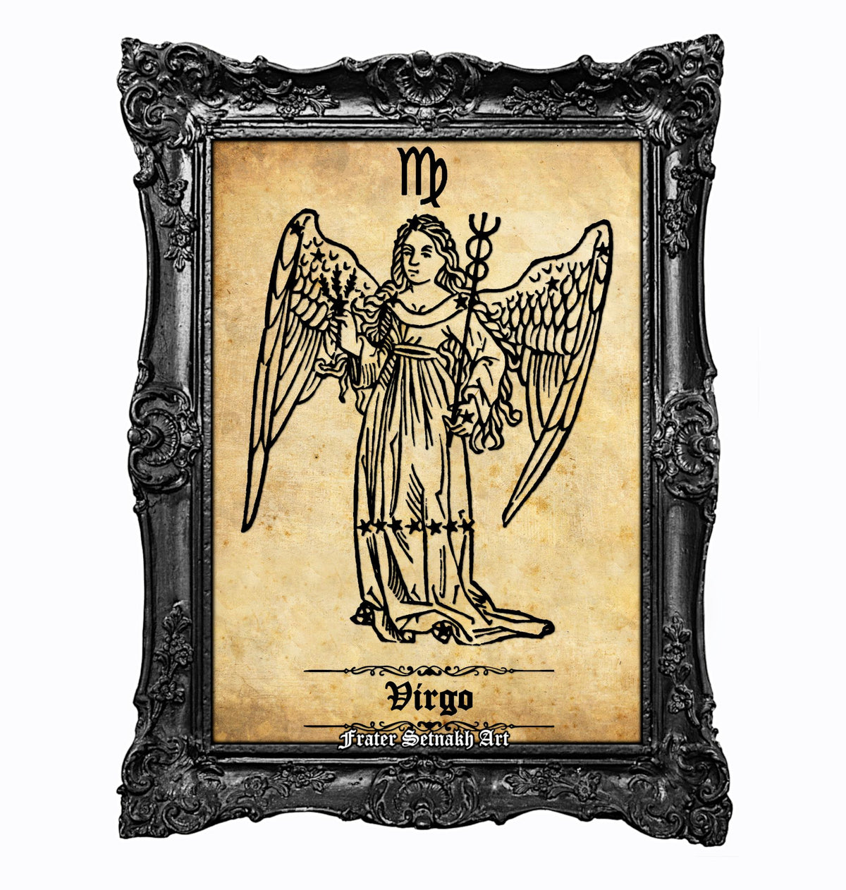 a framed illustration of a winged female figure, likely representing the zodiac sign Virgo.
