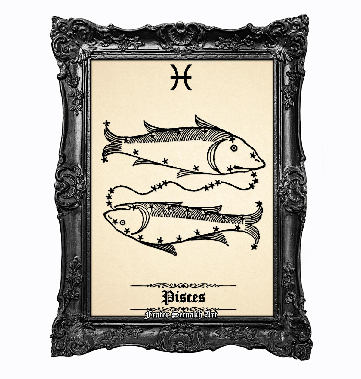 a framed artwork depicting two fish with stars around them, representing the zodiac sign of Pisces.