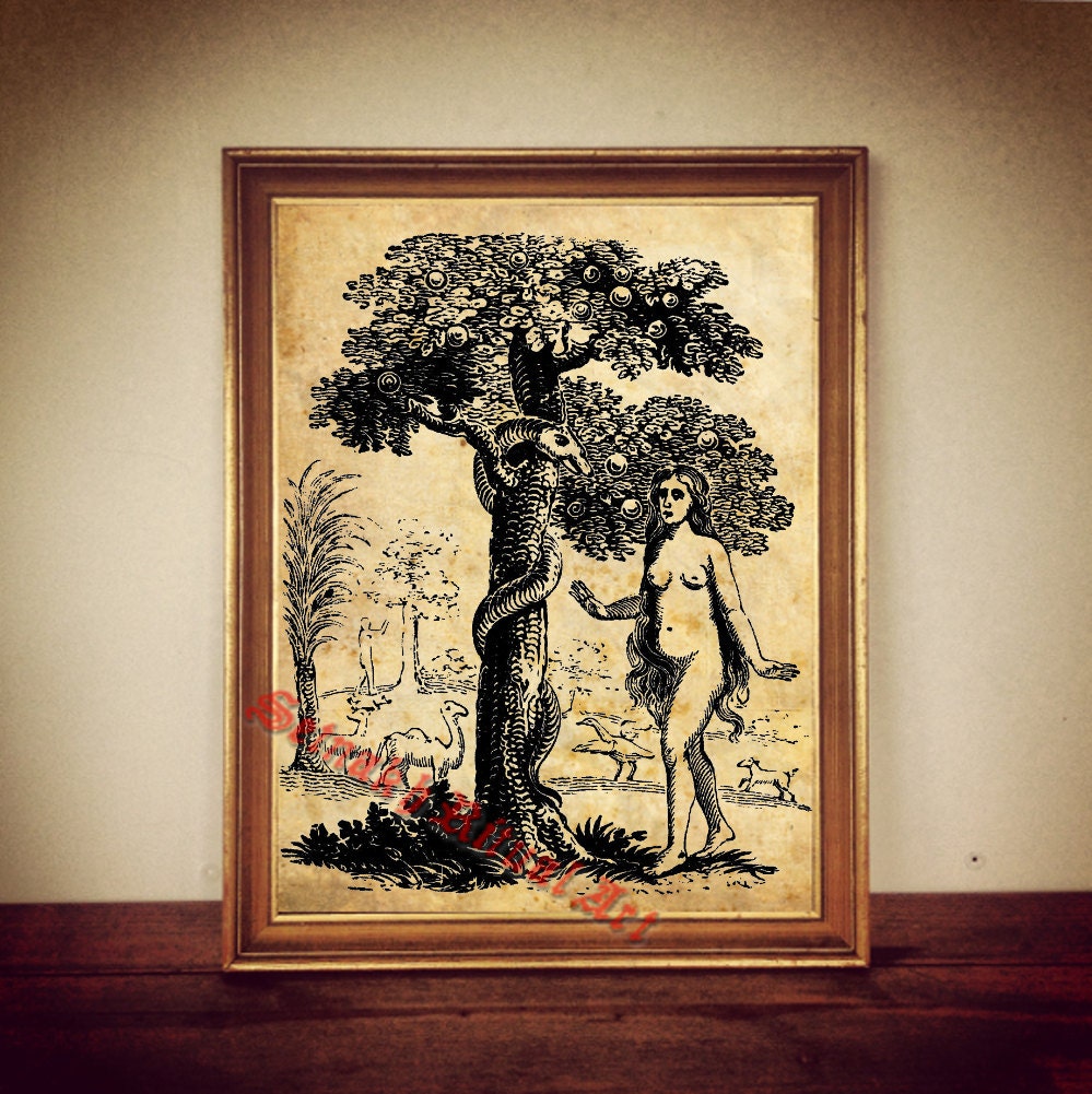 Eve and Snake print, Eden Tree of Knoledge antiqued print, The Bible, The First Book of Moses, vintage home decor, cabin style #69