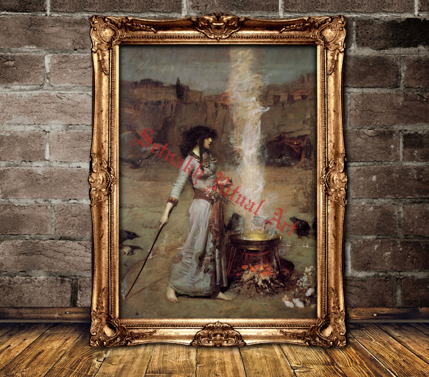 Witch in magic circle, magic art, cauldron, occult print, medieval illustration, vintage poster, wicca home decor, witchcraft, spells #370