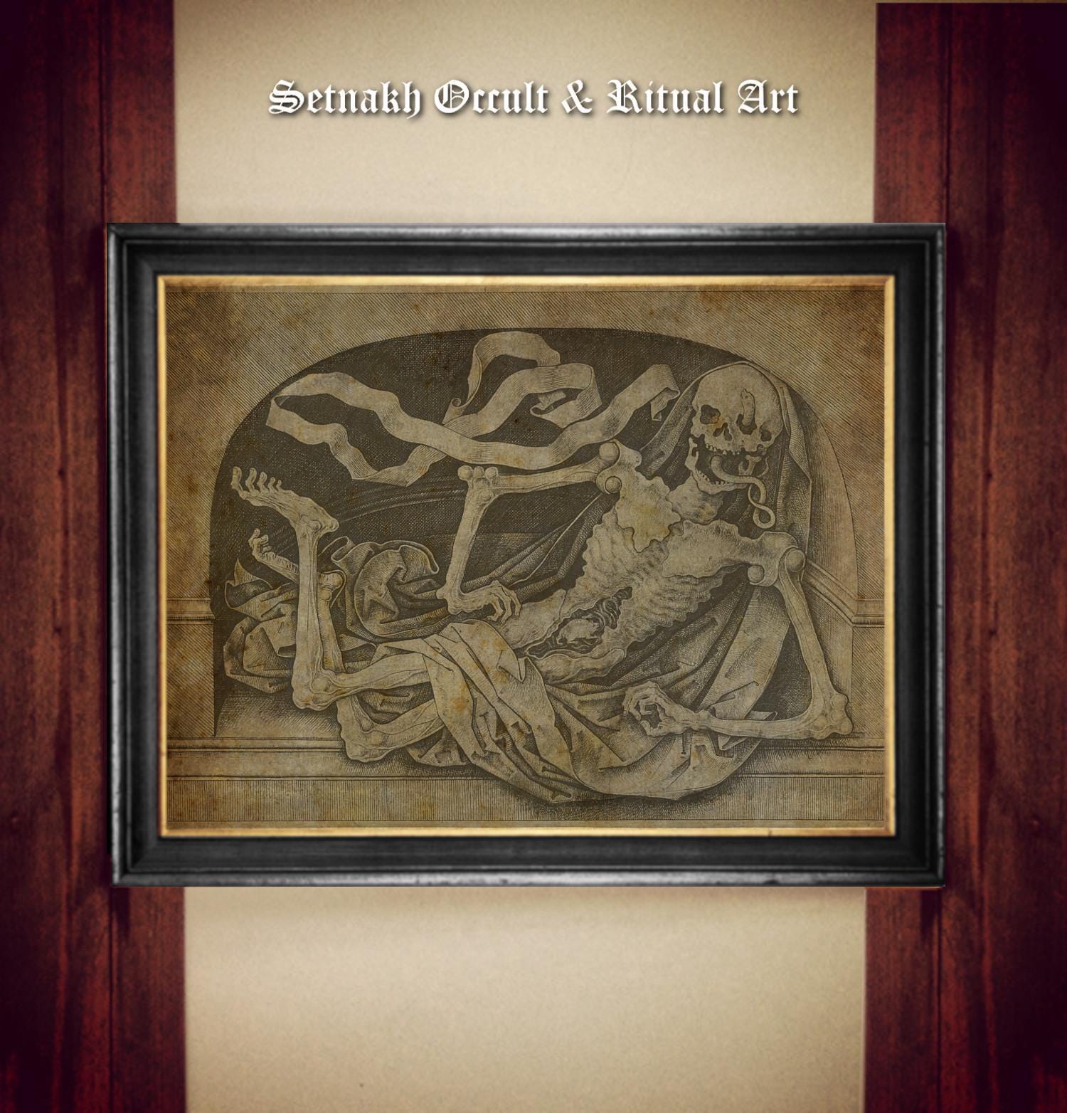 Memento Mori Print, Skeleton in a Niche, Late 15th Century Art by Master IAM of Zwolle, Medieval Etching, Gothic Decor, Dark Academia
