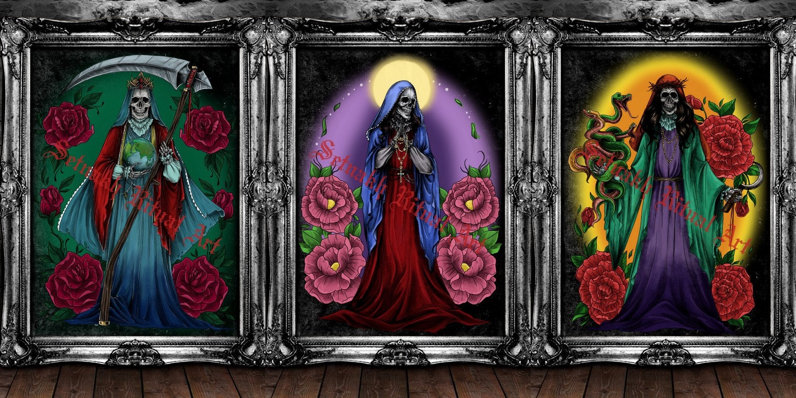 Santa Muerte art, Saint Death antiqued prints, Occult altar decor, Voodoo print, magic poster, gothic art #435