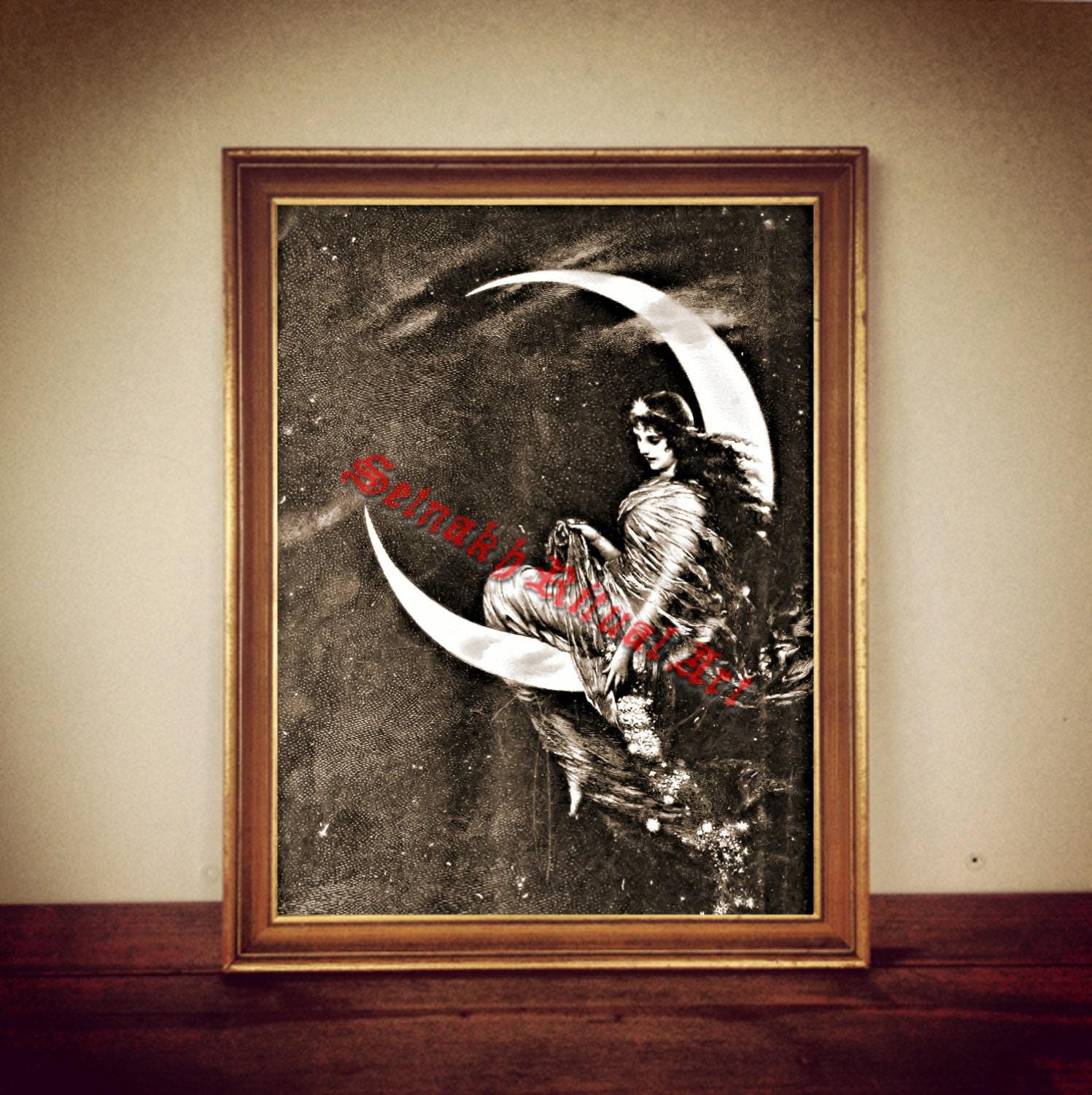 Moonlady print, moon illustration, magic poster, dreams, magick, esoteric art, fairy illustration, fairytale, wings #290