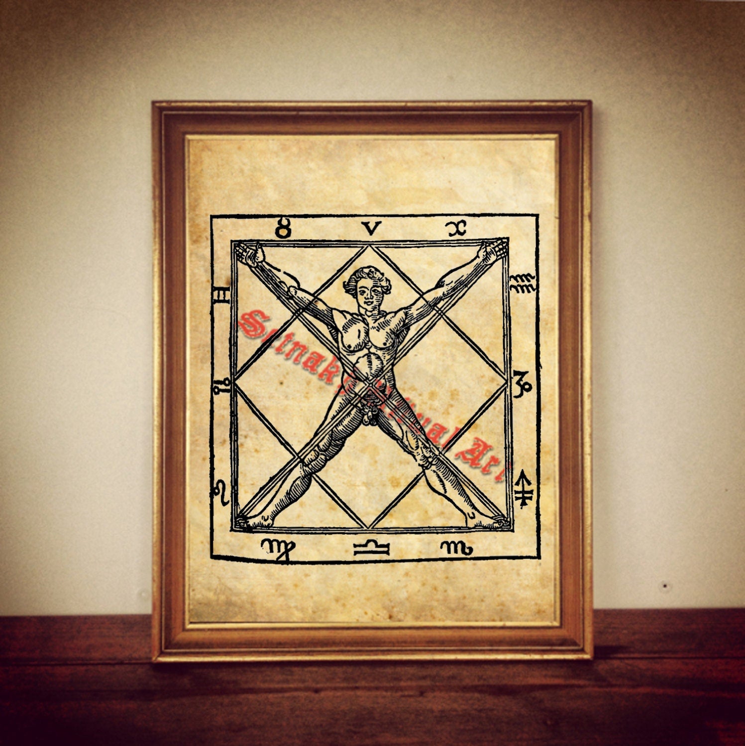 Man in magic square print, Cornelius Agrippa, magical poster, medieval picture, occult art, symbol, pentacle poster, wall decor #363.2