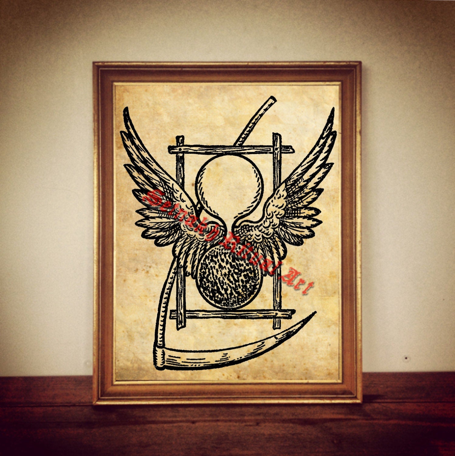 Sand clock and scythe print, occult illustration, masonic poster, fantasy art, wings, occult symbol, esoteric picture, memento mori #284
