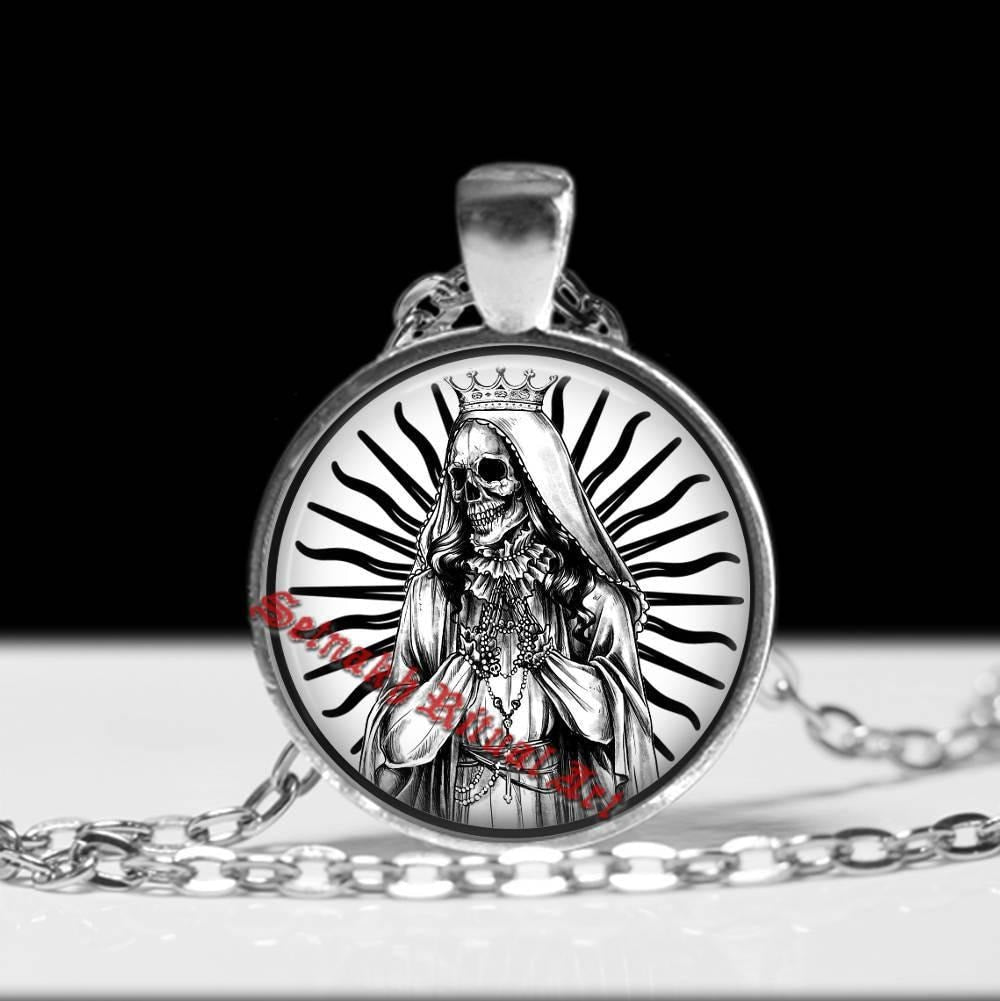 Santa Muerte pendant, day of the dead necklace, ritual altar jewelry, occult medallion, saint death, skull art, morte #25