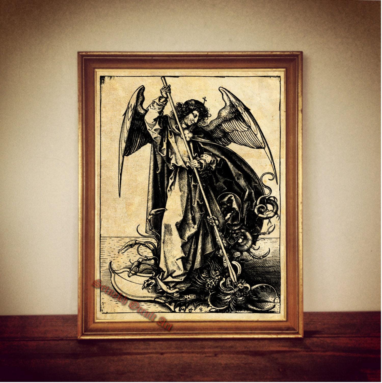 Saint Michael Archangel slaying the dragon, angel poster, mystic print, Angel Magick, antiqued art, esoteric home decor #ANG1.