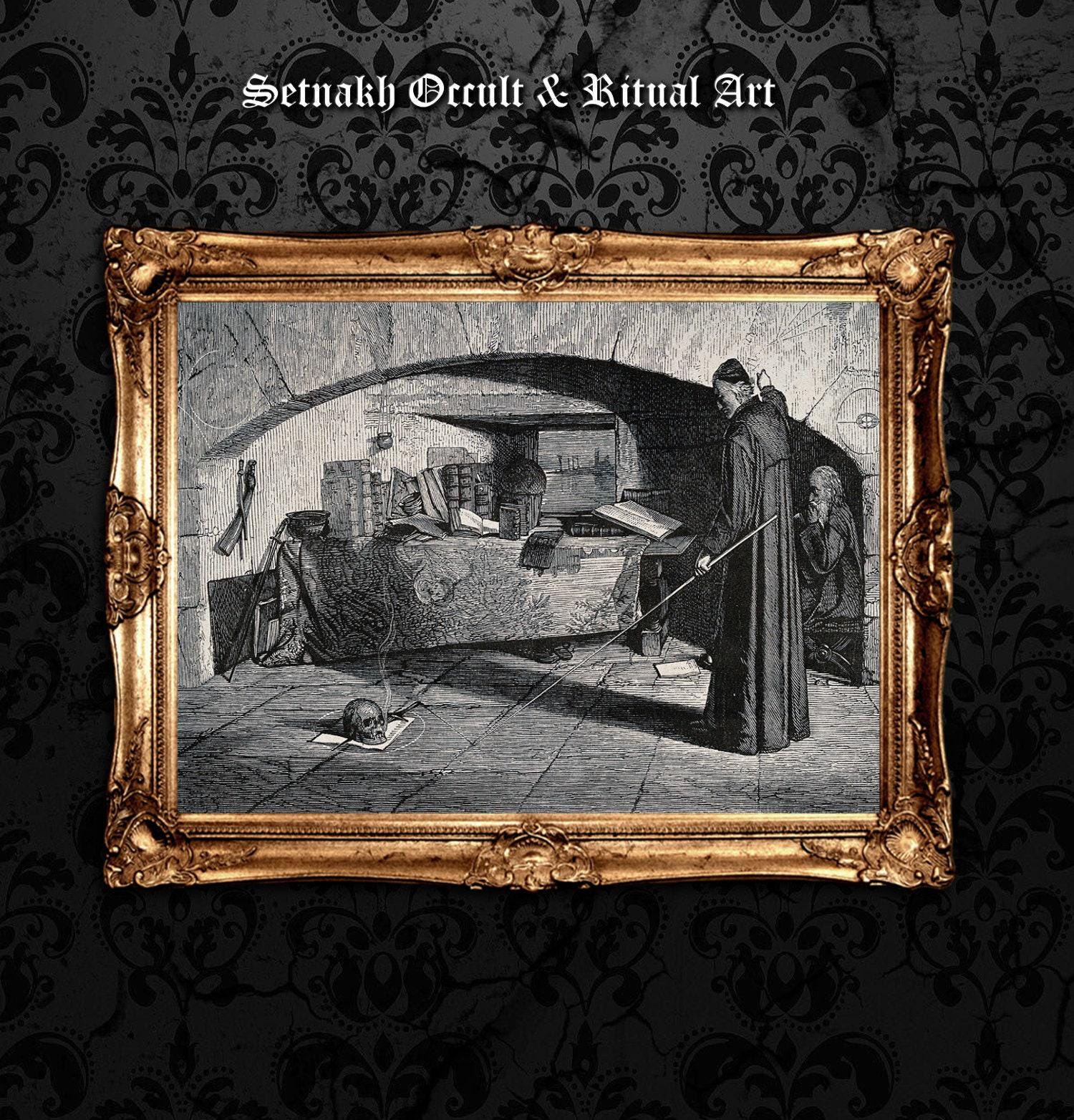 A wizard performing spells in his den. occult print, magic, dark art, occult poster, gothic gift, esoteric, pagan home decor #W56
