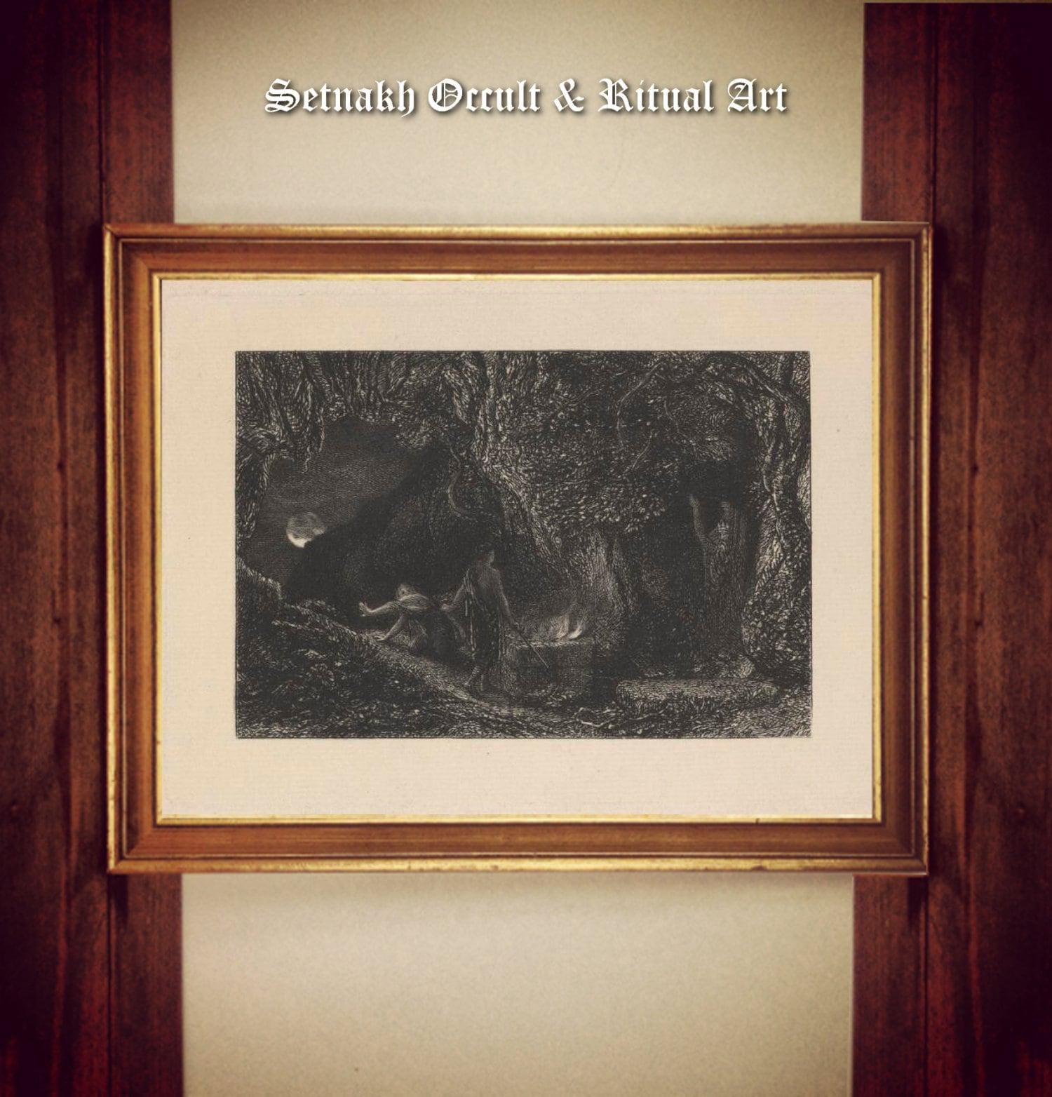 A wizard and his accomplice performing incantations in a forest during a full moon, witchcraft print, magic, occult poster, home decor #W58