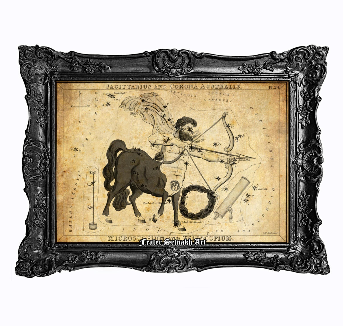 The image is a framed illustration depicting a man with a bow and arrow, accompanied by a detailed astrological chart of the zodiac.