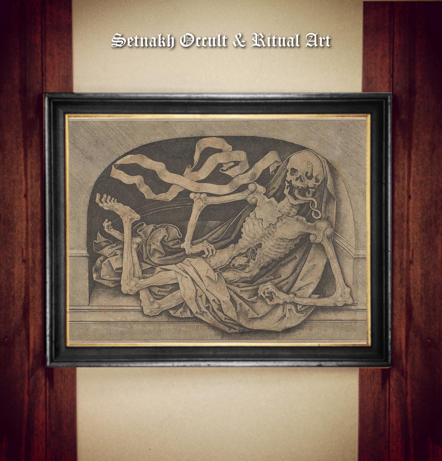 Memento Mori Print, Skeleton in a Niche, Late 15th Century Art by Master IAM of Zwolle, Medieval Etching, Gothic Decor, Dark Academia