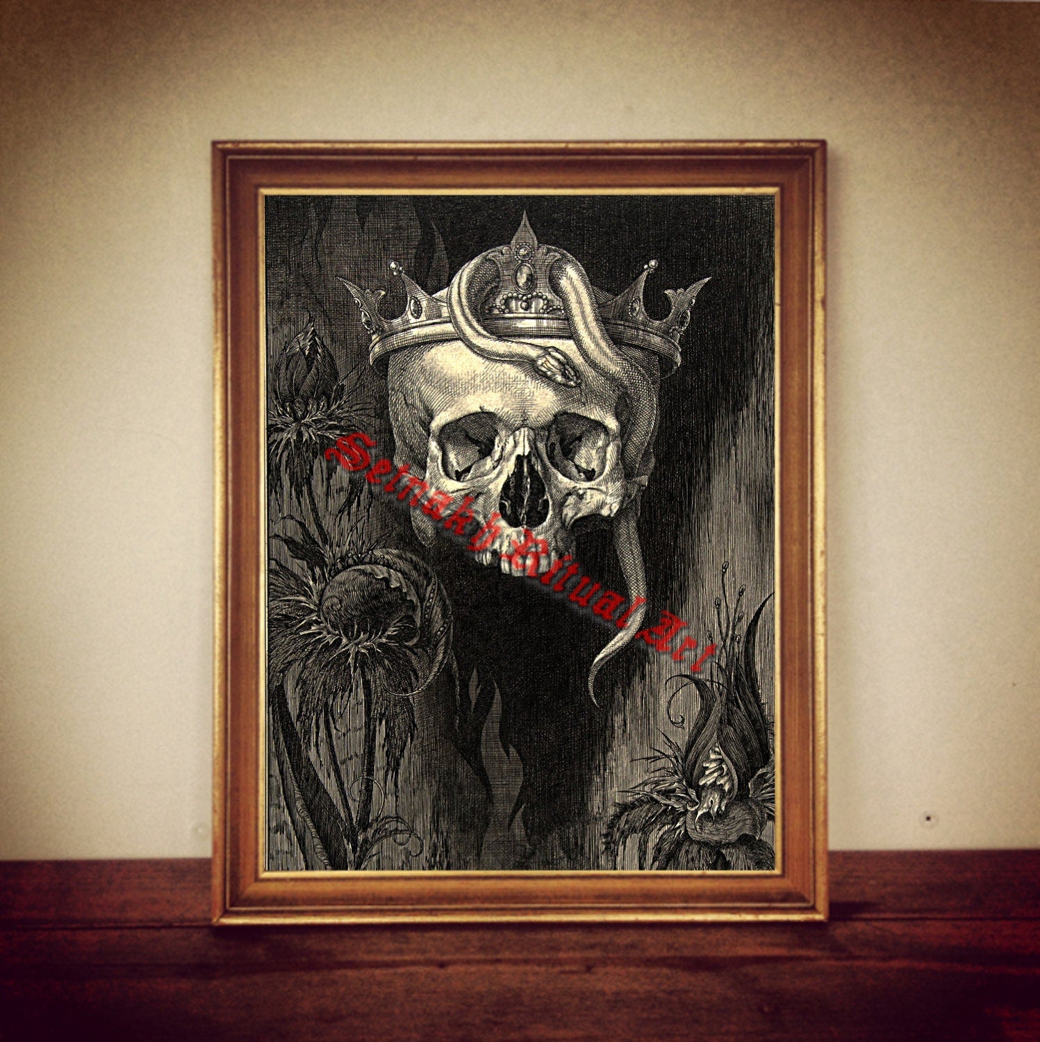 225# Skull Crowned with Snakes and Flowers print, occult illustration, occult skull poster, memento mori, skull home decor, crown print