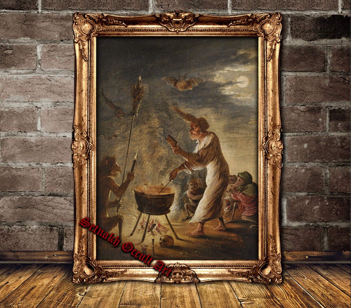 Witchcraft scene, Witch at cauldron print, witchcraft, magick, dark art, devil, evil, sorcery, casting spells, occult art poster,  #W3