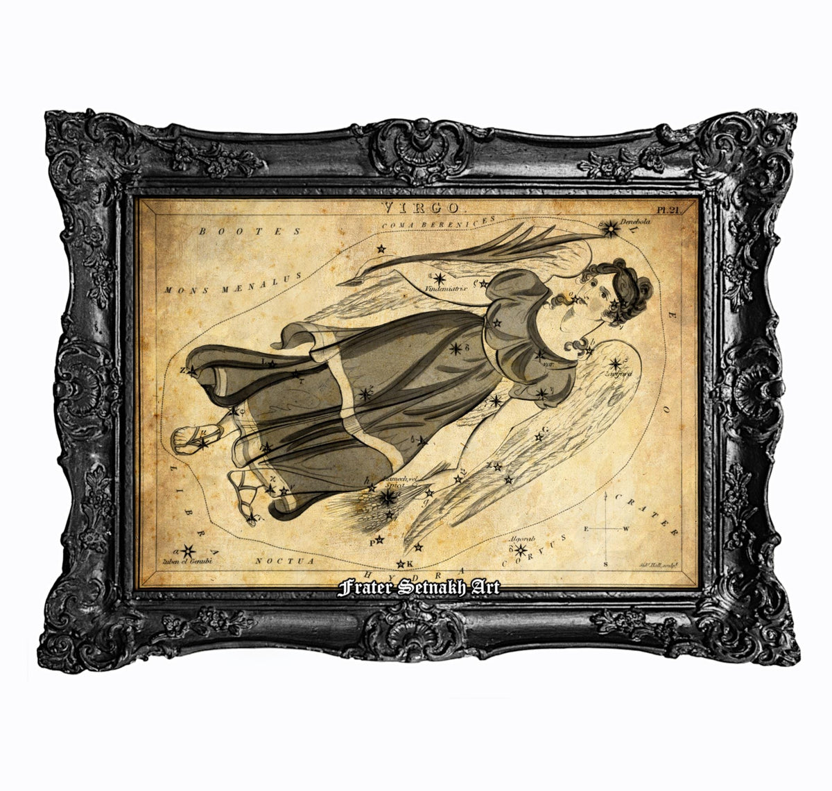 The image is a framed vintage astrological chart depicting a woman with wings, surrounded by various astrological symbols and text.