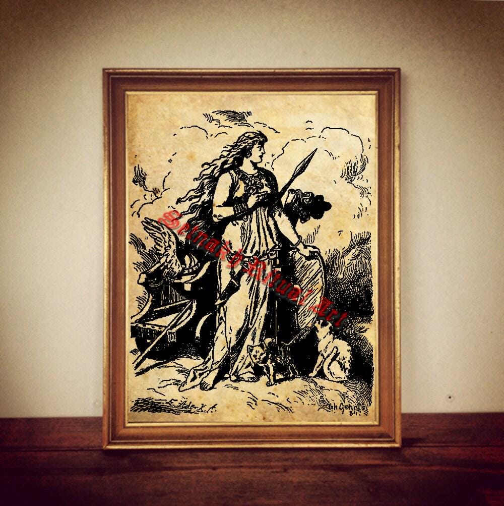Freyja holding her shield print, Norse mythology poster, nordic goddess illustration, scandinavian decor, Freija art wall decor #337