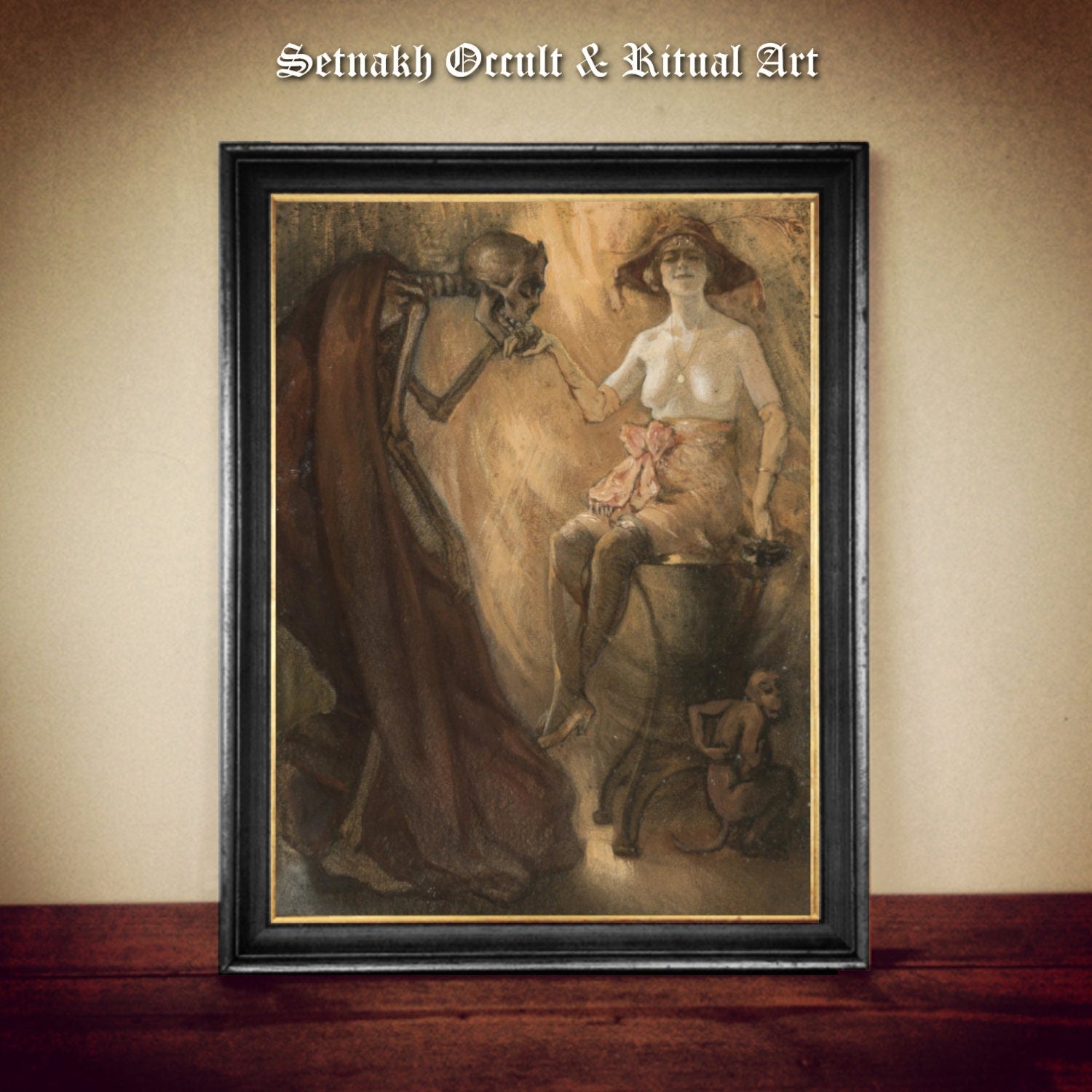 The hand kiss - dark erotic print, naked lady and the Death, Memento Mori art, antiqued wallart, gothic home decor, esoteric painting #D5