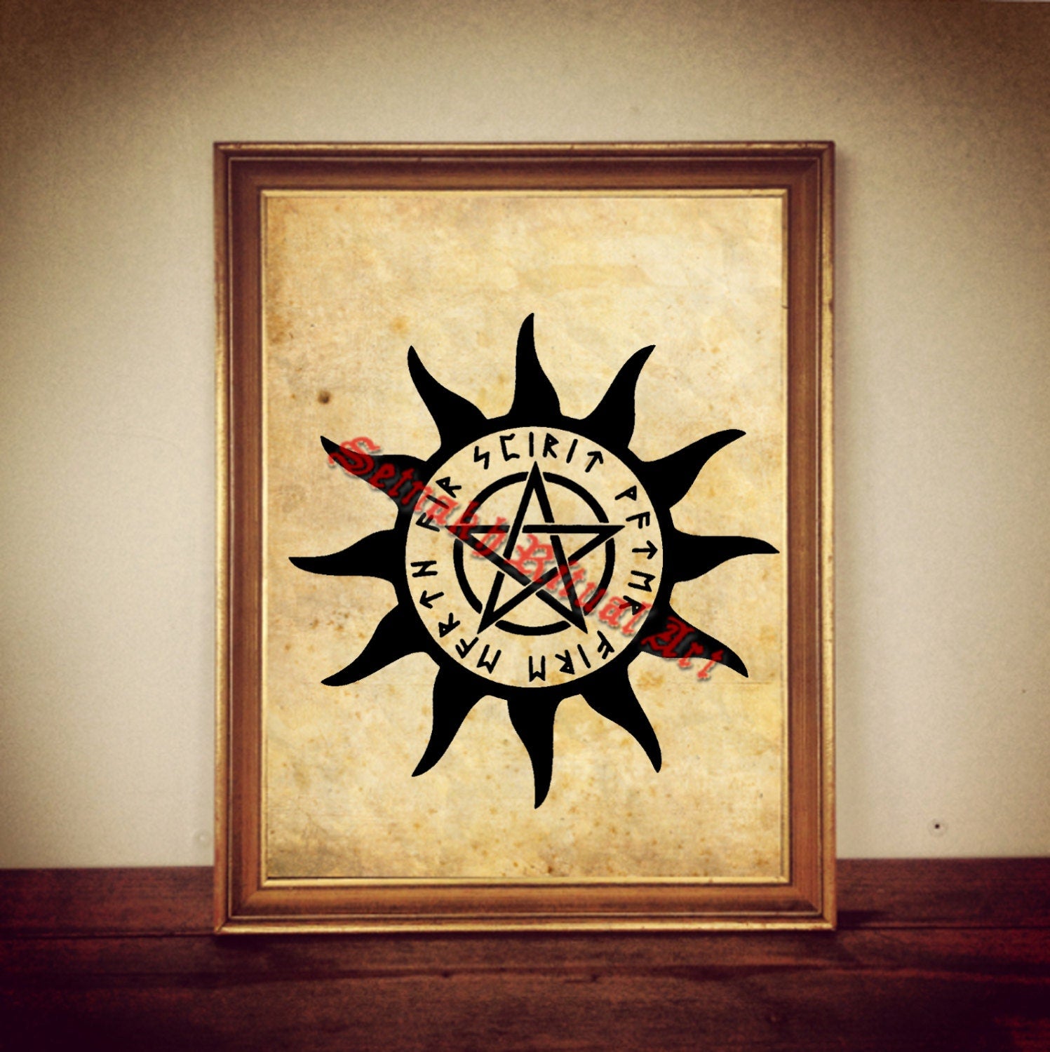 Wiccan pentagram poster, occult print, magic illustration, esoteric art, occultism, wiccan home decor, four elements, norse art #349