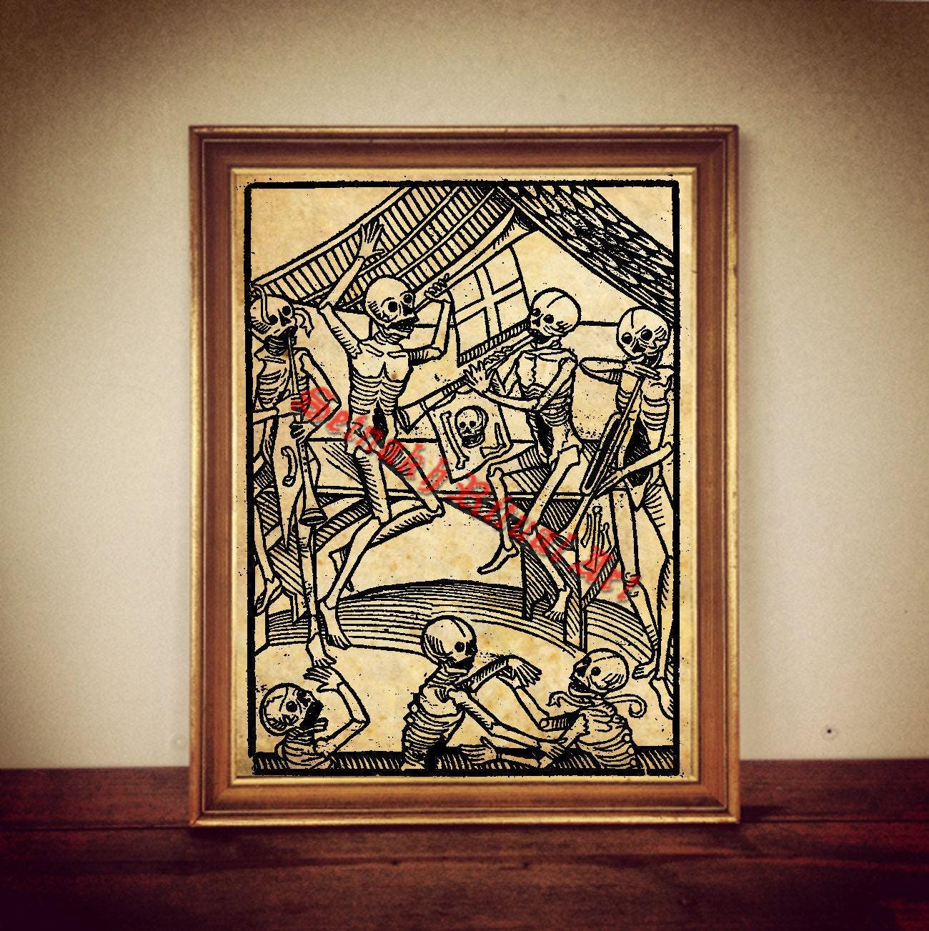Dance of Death print, Death illustration, skeleton poster, danse macabre, memento mori, occult print, witchcraft decor #299