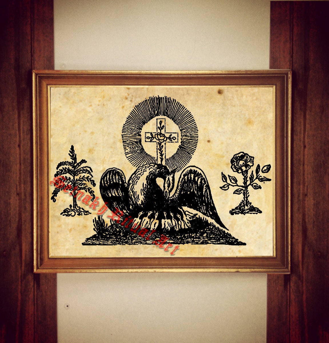 Rosicrucian art, pelican poster, occult print, esoteric illustration, bird picture, occult wall decor, cross and rose, esoteric picture #262