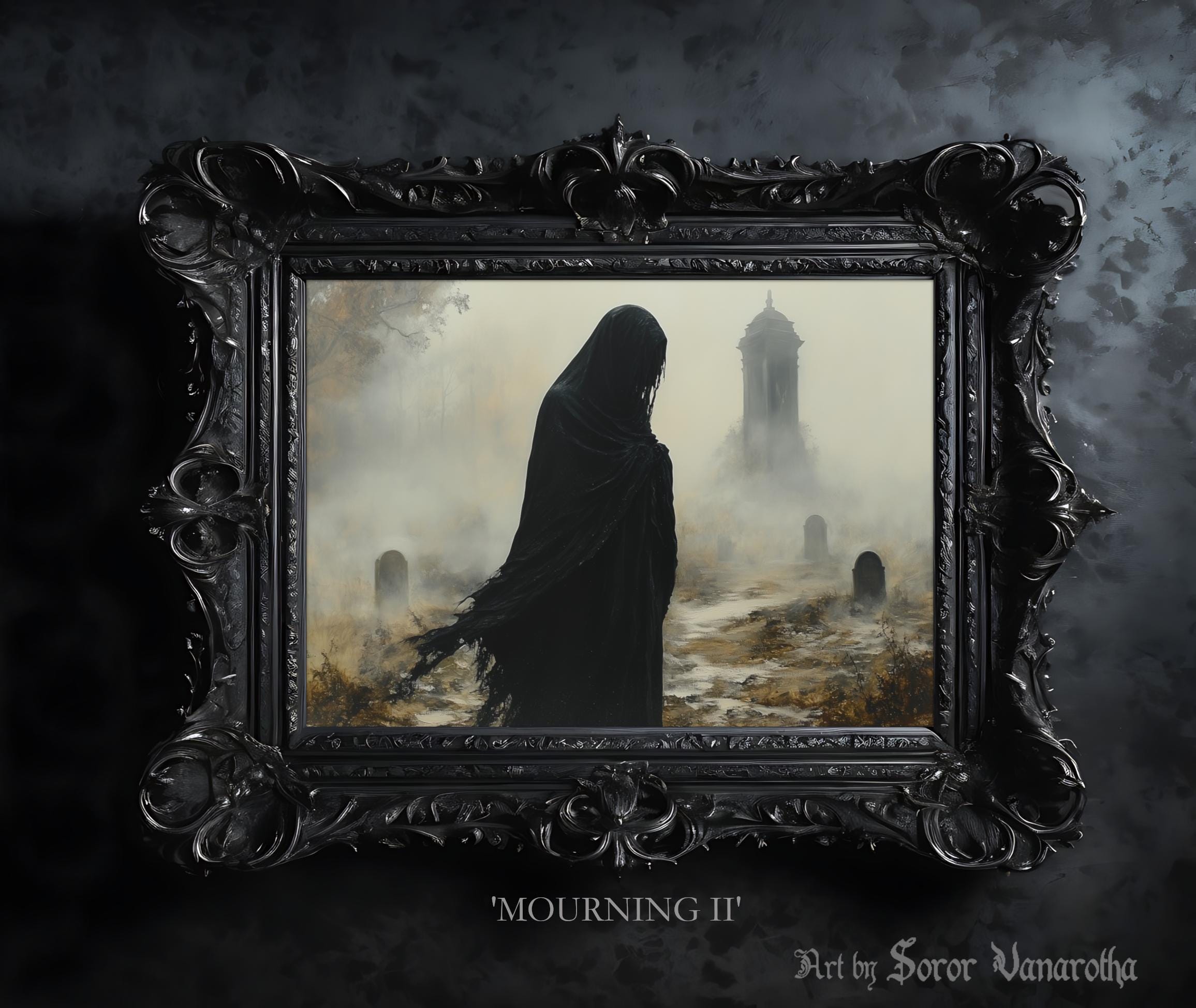 Mourning II Art Print - Mysterious Figure in Black Cloack on Cemetery, Dark Gothic Wall Art, Surreal Mourning Scene, Fine Witch Print #SV22