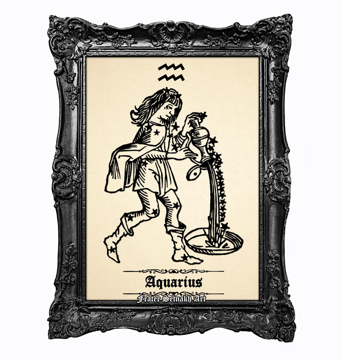 a framed illustration of a woman with long hair, wearing a dress and holding a book, representing the Aquarius zodiac sign.