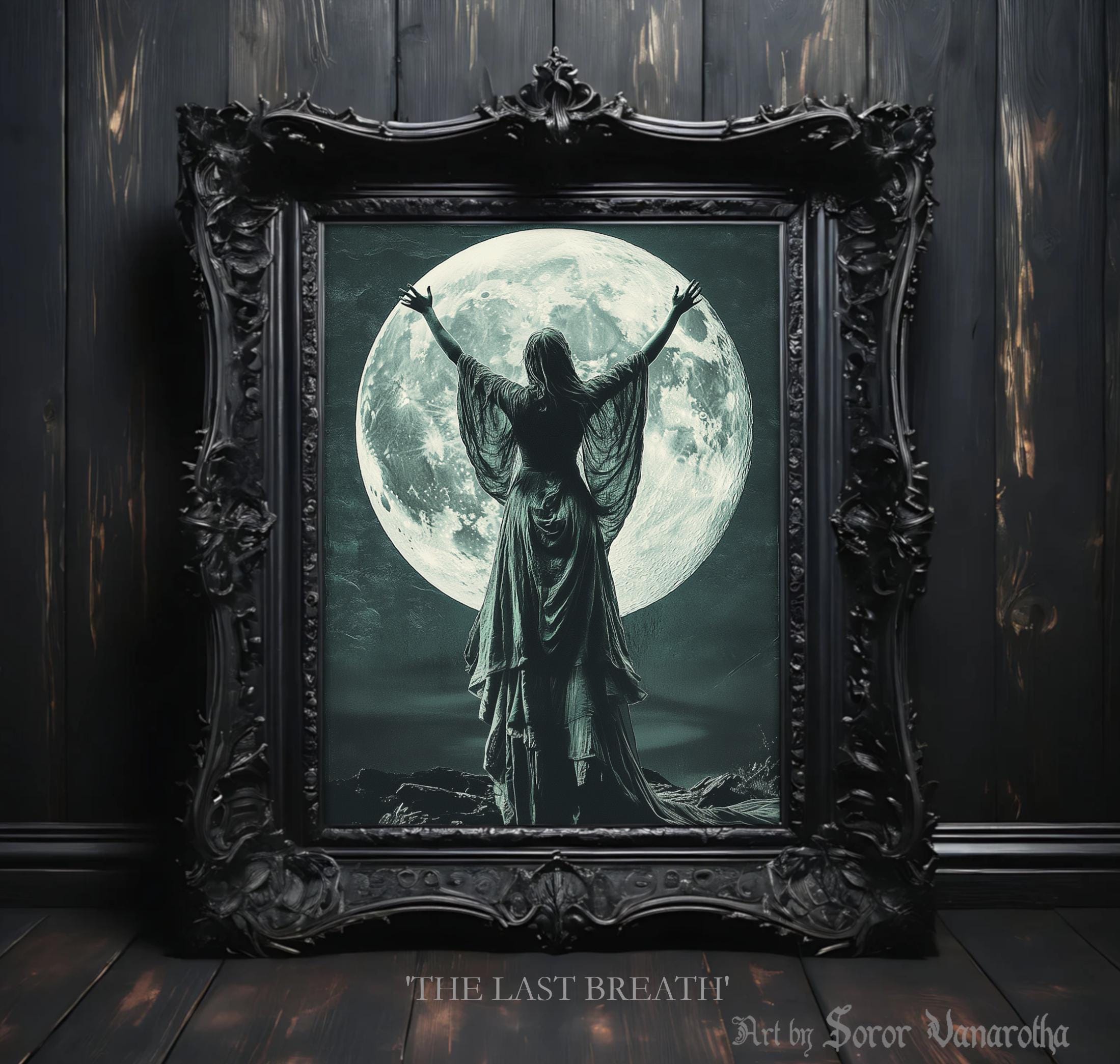 Luna Priestess Worshiping the Moon Print – Mystical Art for Lunar Lovers, Goddess Worship Decor, and Dark Fantasy Enthusiasts #SV35