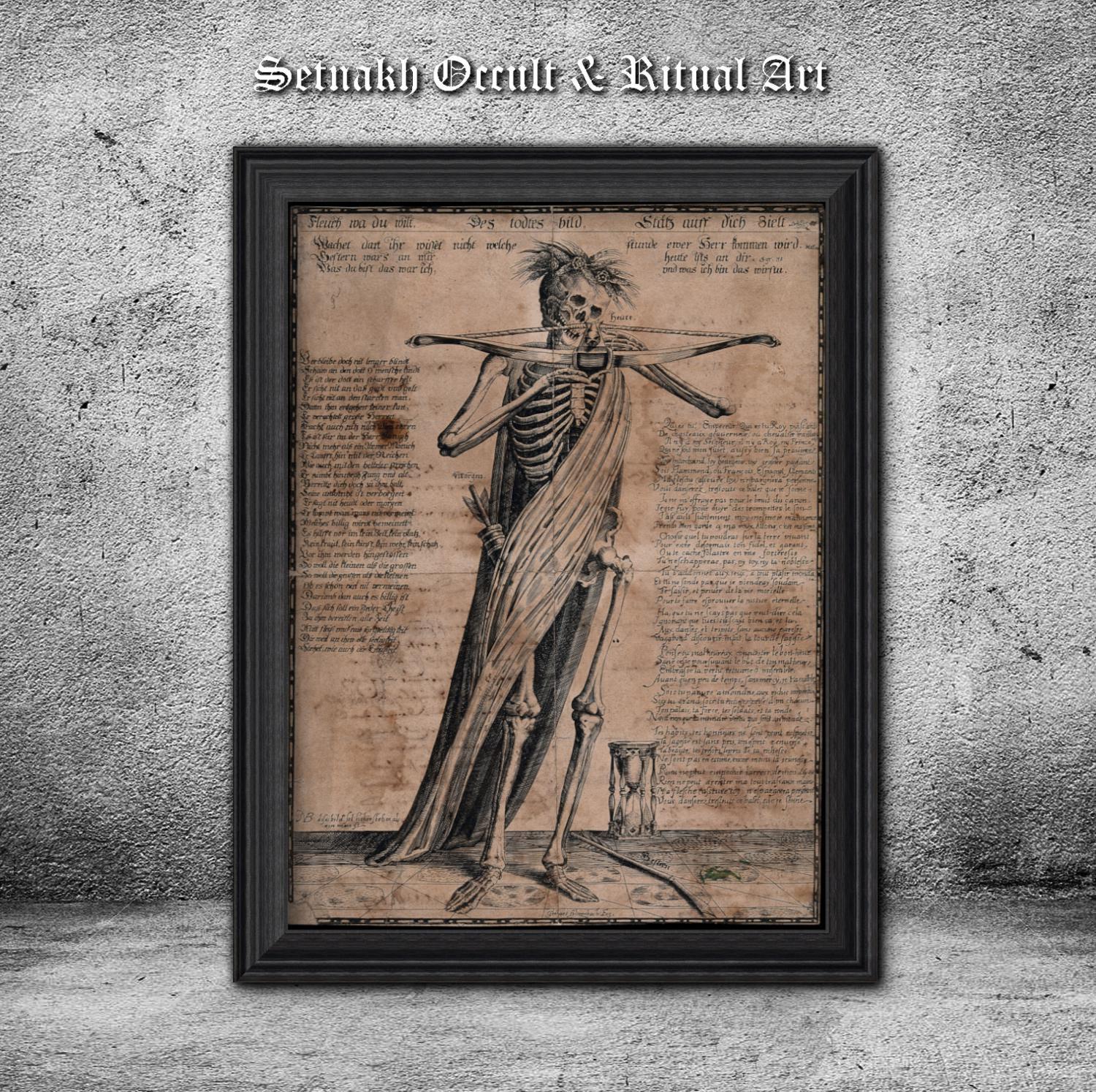 Skeleton with Bow and Arrow Print, 1673 Etching Reproduction, Gerhart Altzenbach Art, Gothic Decor, Dark Academia, Handmade Paper or Canvas