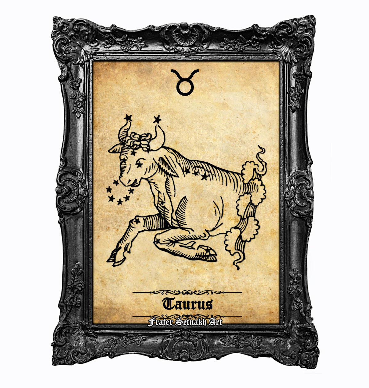 a framed illustration of a bull, which is a zodiac sign. The bull is depicted in a stylized manner, with stars and a symbol above it, and the word "Taurus" written below the illustration.