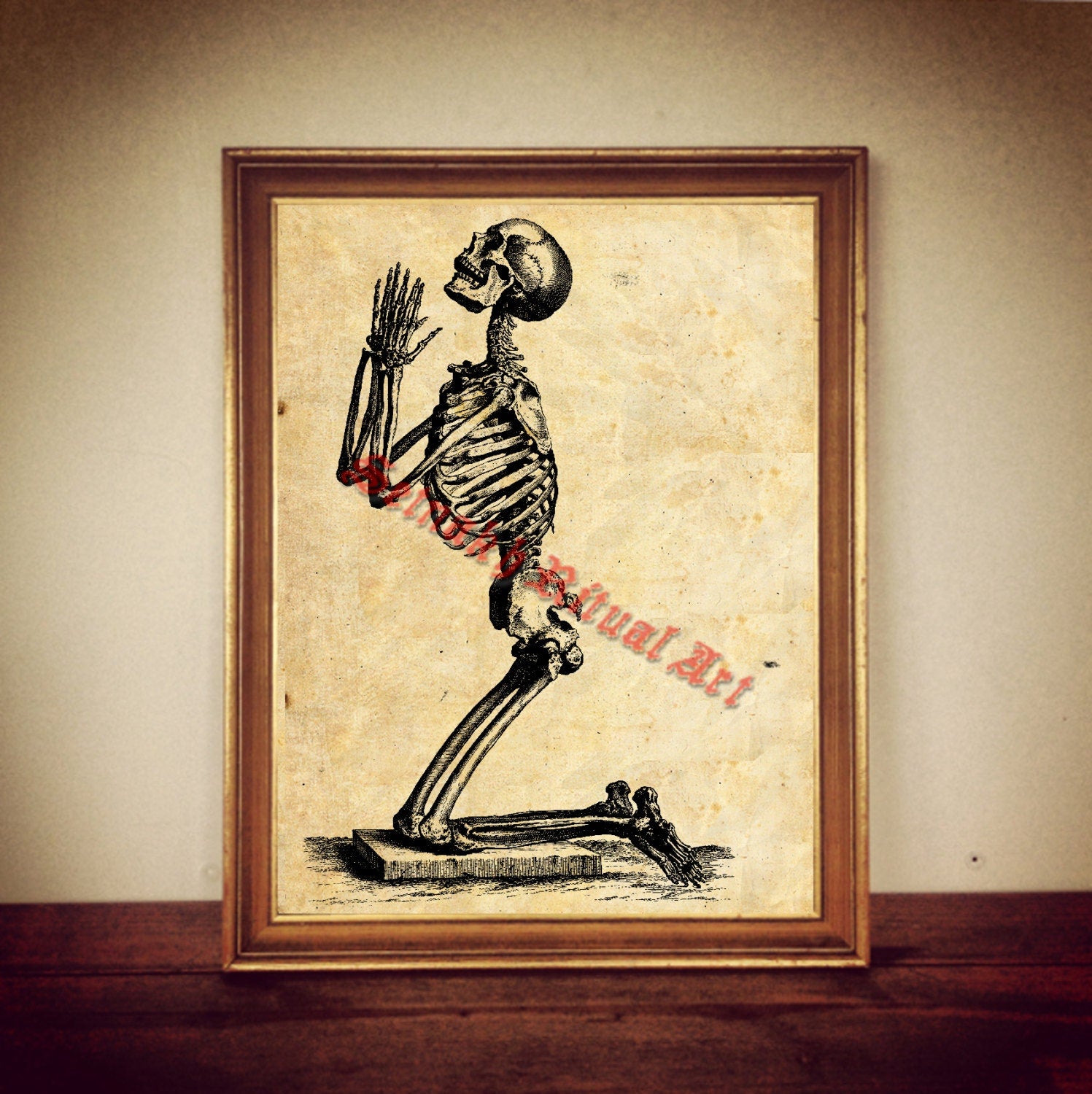 Praying skeleton, occult print, skull poster, victorian macabre, halloween decor, demonic skull art, bizarre home decor #446