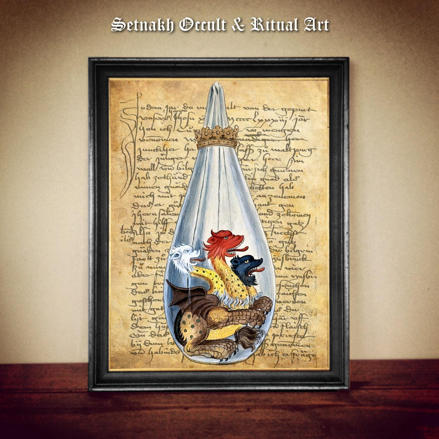 Three monters in a flask print, alchemy symbol, occult illustration, medieval dragon art, esoteric poster, magick home decor, mysticism #356