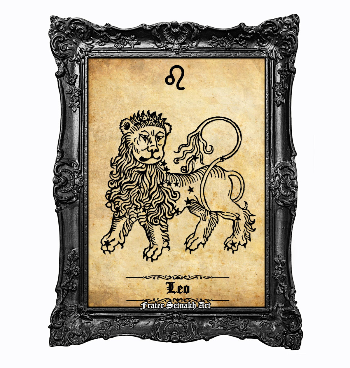 a framed illustration of a lion, which is a zodiac sign.