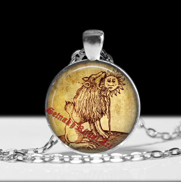 Lion devouring the Sun necklace, alchemical illustration, alchemy pendant, witchcraft, magick gift, occult symbol, magic picture #281.2