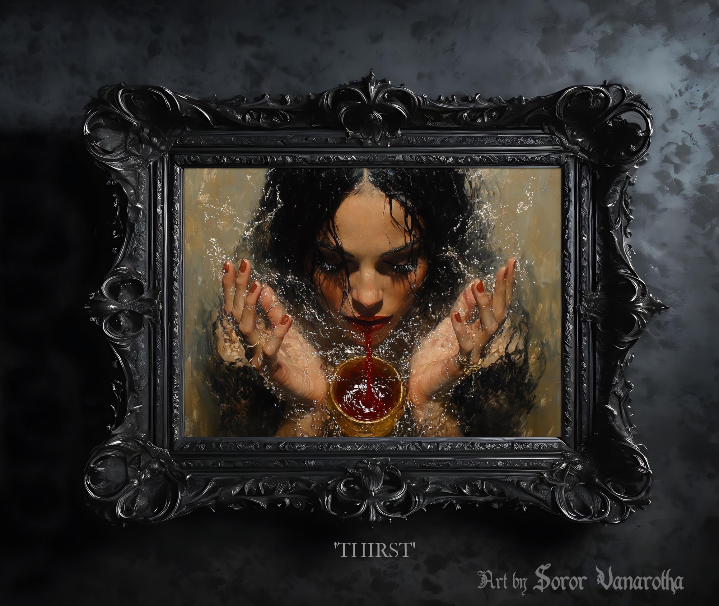 Thirst Blood Dripping from Woman&#39;s Mouth Print – Dark Gothic Art for Vampire Lovers, Dark Fantasy, and Eerie Wall Decor Enthusiasts #SV32