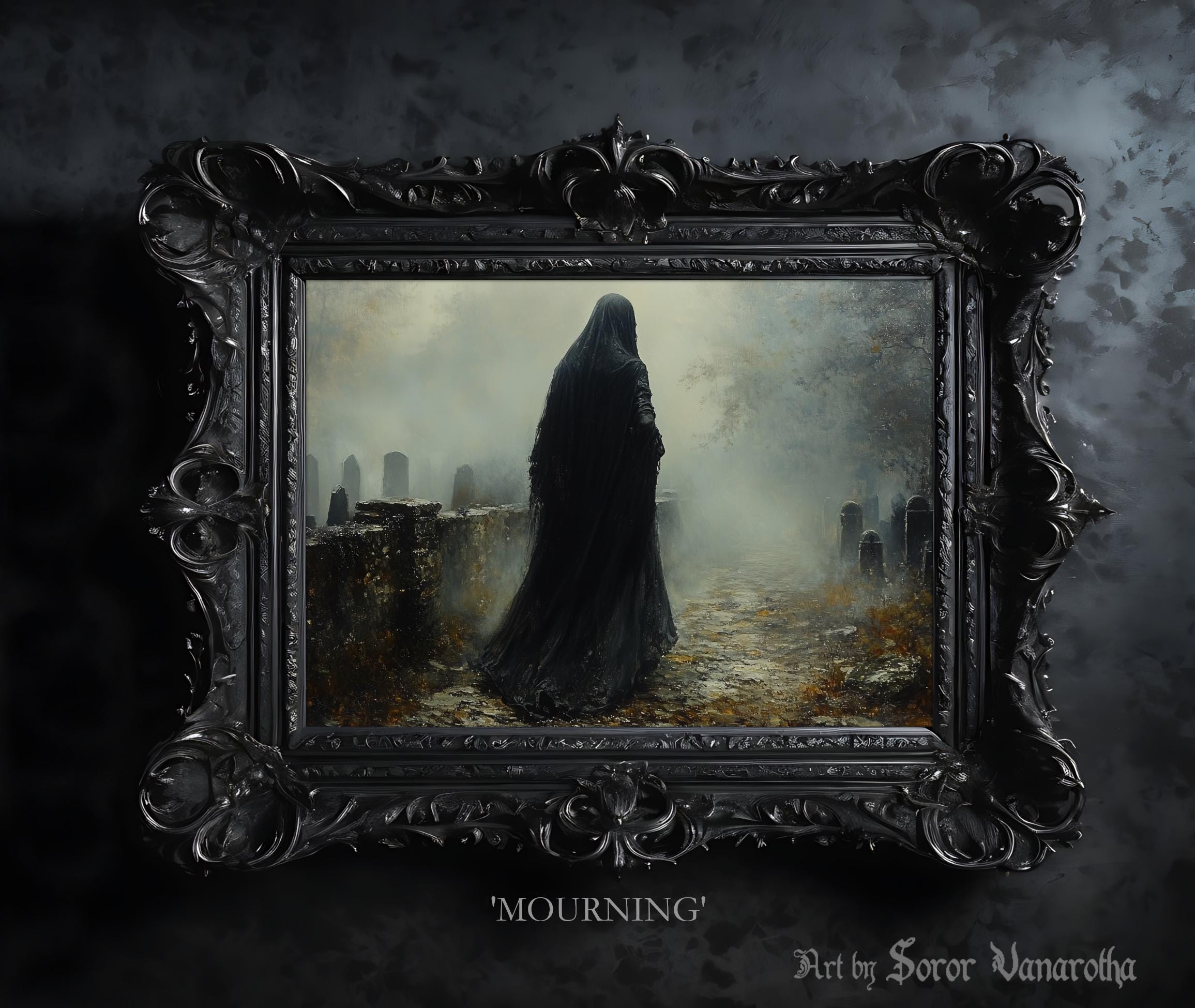 Mourning Art Print - Mysterious Figure in Black Cloack on Cemetery, Dark Gothic Wall Art, Surreal Mourning Scene, Fine Art Witch Print #SV20