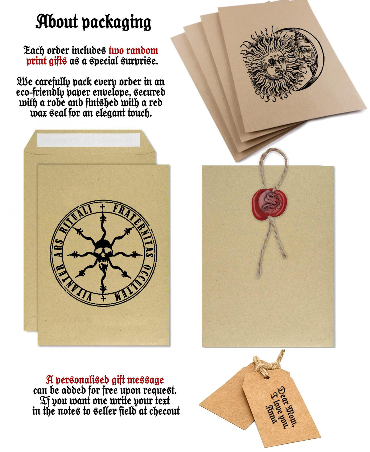 The image is a collage of various items related to packaging, including a brown envelope with a sun design, a red wax seal, and a brown paper bag with a red wax seal. The image also includes text that provides information about the packaging process, such as the inclusion of two random print gifts and the use of eco-friendly paper envelopes.