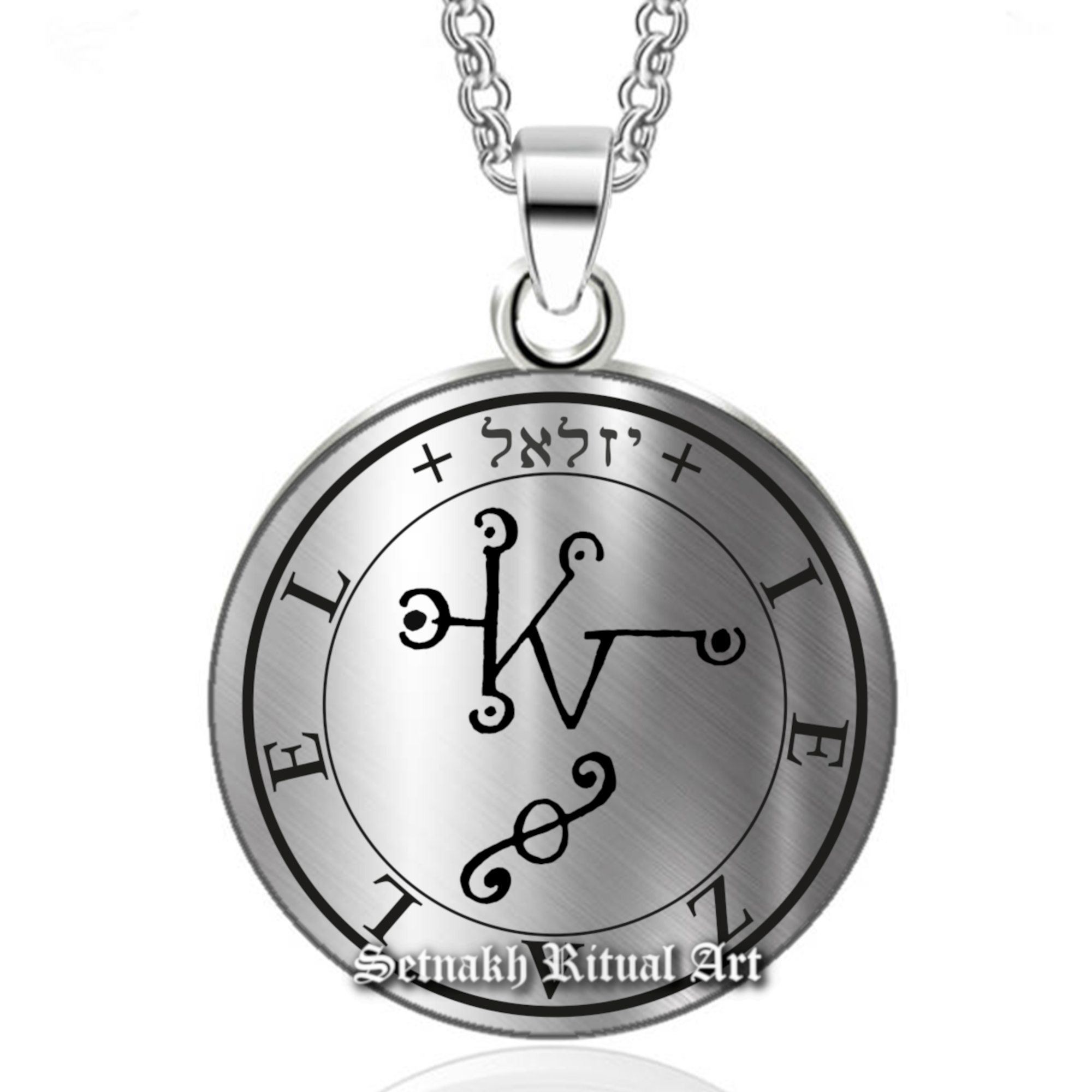 a silver necklace with a clock on it