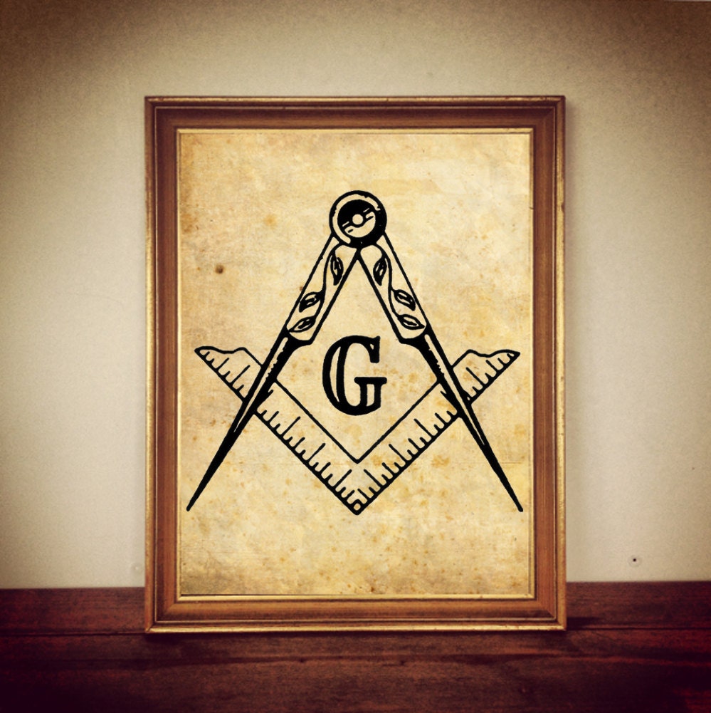 Masonic Square and Compass print, Masons Symbol, "G"  letter, antique print, Freemasons, Great Architect's tools illustration,  #72