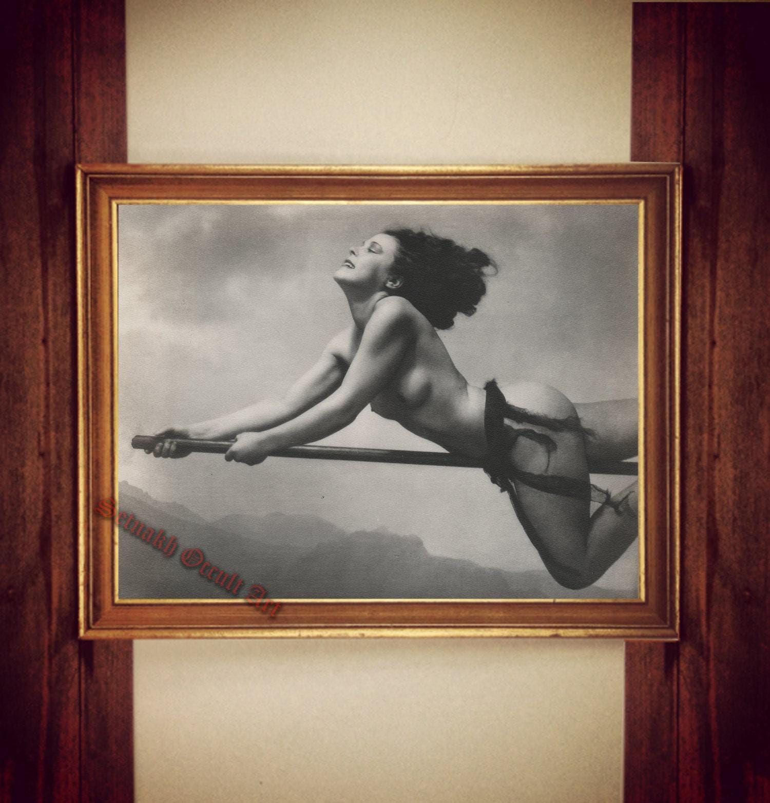 Naked witch on broom goes to Sabbath, print, witchcraft, wicca, pagan, Sabrina Witch, Netflix, magick spells, gothic home decor #W15